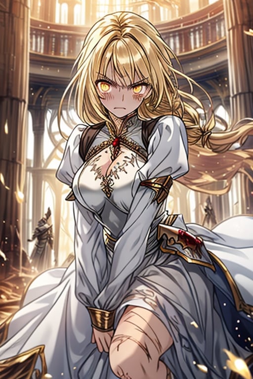 blonde, golden eyes, angry look, long hair, desert knight, hates magic, candys a long elegant white tunic, armor on her hands, legs and arms, gray and white dress, appearance of a warrior, strong woman, scars all over the body, golden eyes, perfect face, very good quality, masterpiece, excellent quality.
