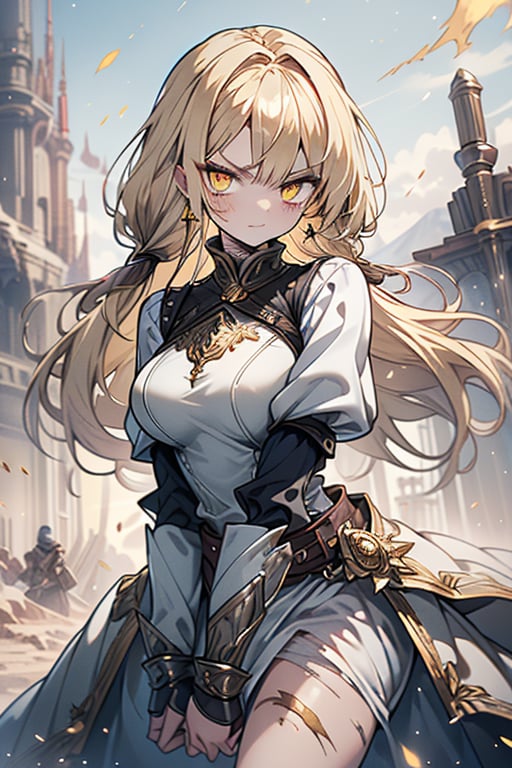 blonde, golden eyes, angry look, long hair, desert knight, hates magic, candys a long elegant white tunic, armor on her hands, legs and arms, gray and white dress, appearance of a warrior, strong woman, scars all over the body, golden eyes, perfect face, very good quality, masterpiece, excellent quality.,yellow eyes,blonde hair