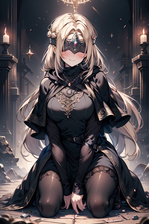 masterpiece, detailed, high quality, absurdres, blindfirekeeper, 1girl, solo, blush, medium breasts, curvy, black dress, see-through, black capelet, black tunic like a clairvoyant, guardian of the future, friendly smile, blonde, golden eyes, long hair, astrology room,kneeling,covered eyes-


,blindfirekeeper