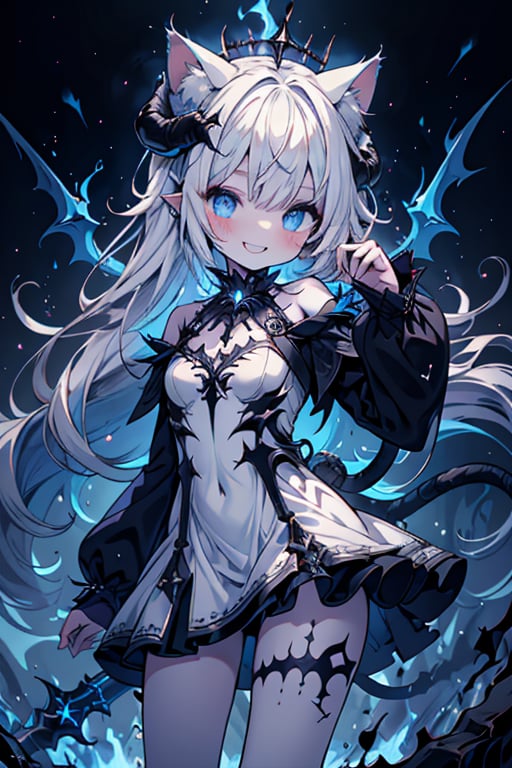 white hair, deep blue eyes, aura of dark power, the primordial of the underworld, goddess of flames, sadist, cat ears, cat tail, white dress with blue edges, right hand of lucifer, primordial goddess, masterpiece, very good quality, excellent quality, perfect face, small breasts, evil smile, self-centered, eyes with blue flames, horns, long sleeve, miniskirt, gothic, long hair, emanates the power of destruction, loli, small woman

