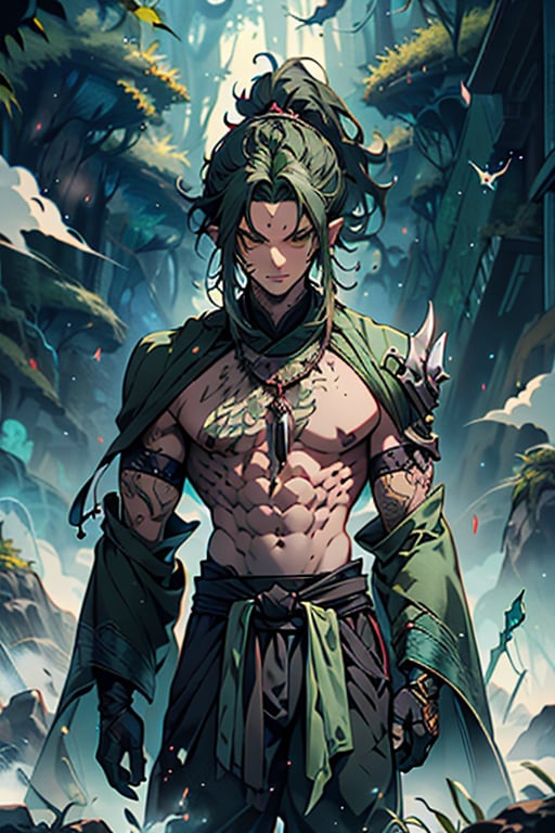 dark green hair, green eyes, hair in ponytail, Buddhist, man, green robe, wide priest's pants, the strongest creature of all, the one sent by God, the shapeshifter, long ears, defined abdomen, masterpiece, face perfect, very good quality, excellent quality, the warrior of the true gods, serious.
