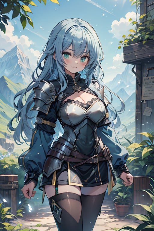 Woman with light blue hair, big, tall, the strongest warrior in the world, plate armor, cold jacket, pantyhouse, bracers, chest, green eyes, friendly, free spirit, religious, valley of plants, no bangs, long hair , charming smile, a wonderful person.
