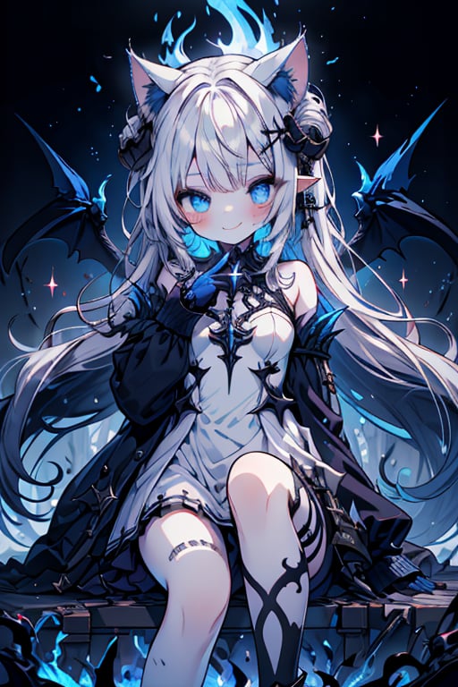 white hair, deep blue eyes, aura of dark power, the primordial of the underworld, goddess of flames, sadist, cat ears, cat tail, white dress with blue edges, right hand of lucifer, primordial goddess, masterpiece, very good quality, excellent quality, perfect face, small breasts, evil smile, self-centered, eyes with blue flames, horns, long sleeve, miniskirt, gothic, long hair, emanates the power of destruction, loli, small woman

