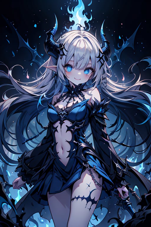 blue hair, deep blue eyes, aura of dark power, the primordial of the underworld, goddess of flames, sadistic, pointed ears, blue dress with white edges, right hand of lucifer, primordial goddess, masterpiece, very good quality, excellent quality , perfect face, small breasts, evil smile, egocentric, eyes with blue flames, horns, long sleeve, miniskirt, gothic, very long hair, emanates the power of destruction, adult, clothes burning with blue fire

