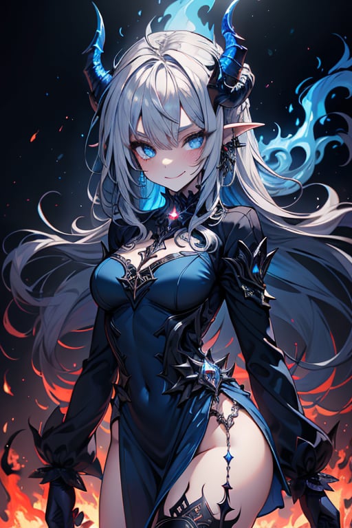 dark blue hair, deep blue eyes, aura of dark power, the primordial of the underworld, goddess of flames, sadistic, pointed ears, blue dress with white edges, right hand of lucifer, primordial goddess, masterpiece, very good quality, excellent quality , perfect face, small breasts, evil smile, egocentric, eyes with blue flames, horns, long sleeve, miniskirt, gothic, very long hair, emanates the power of destruction, adult, clothes burning with blue fire

