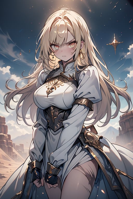 blonde, golden eyes, angry look, long hair, desert knight, hates magic, candys a long elegant white tunic, armor on her hands, legs and arms, gray and white dress, appearance of a warrior, strong woman, scars all over the body, golden eyes, perfect face, very good quality, masterpiece, excellent quality.
