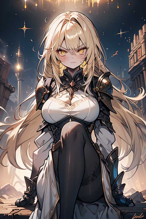 blonde, golden eyes, angry look, long hair, desert knight, hates magic, candys a long elegant white tunic, armor on her hands, legs and arms, gray and white dress, appearance of a warrior, strong woman, scars all over the body, golden eyes, perfect face, very good quality, masterpiece, excellent quality,yellow eyes,blonde hair, black pantyhose
