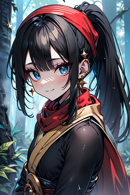 black hair, blue eyes, yellow Kimono
 outfit with black edges, a red scarf with gold stripes, the edges have small golden touches, friendly face, a black spandex that covers her entire body, headscarf, killer, happy smile , bangs, in the forest at night, masterpiece, star earrings, detailed, high quality, absurd, the strongest human of all, bringer of the world's hope, hair in ponytail,black lycra, masterpiece, excellent quality, excellent quality, perfect face.

