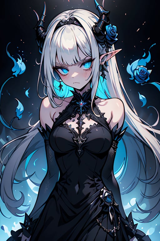 white hair, deep blue eyes, aura of dark power, the most powerful being in the world, queen of darkness, lost look, pointed ears, black dress with blue edges, killer of gods, the one who killed Lucifer, incarnation of the gods dragons, masterpiece, very good quality, excellent quality, perfect face, small breasts, serious face, dazed, calm, kuudere, eyes with blue flames, looking down, as if on top of the world, horns, fake goddess, bare shoulders, long skirt, gothic, Mullet Bangs, staring, sad expression, blue roses in her hair and her dress,emanates the power of chaos within her,black sclera.
