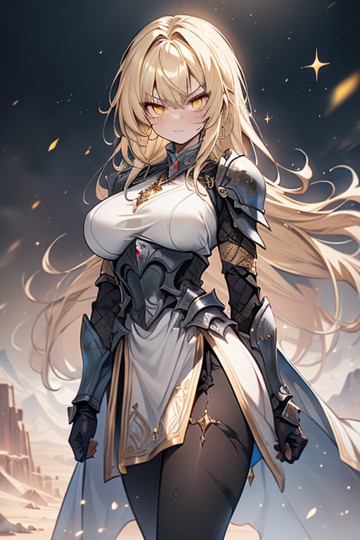 blonde, golden eyes, angry look, long hair, desert knight, hates magic, candys a long elegant white tunic, armor on her hands, legs and arms, gray and white dress, appearance of a warrior, strong woman, scars all over the body, golden eyes, perfect face, very good quality, masterpiece, excellent quality,yellow eyes,blonde hair, black pantyhose
