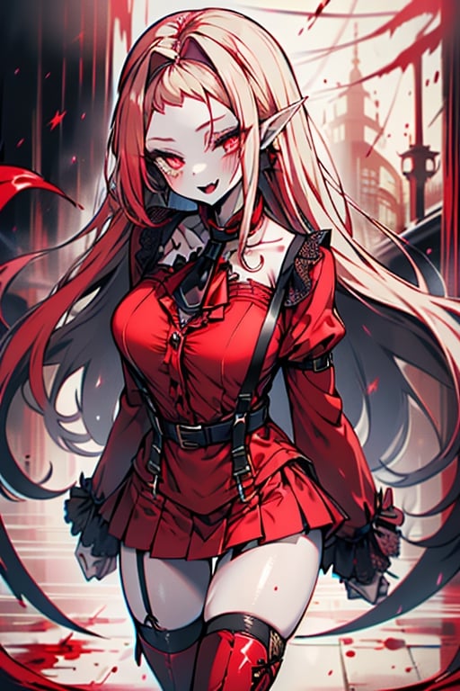 an arrogant woman, blonde, cold-blooded murderer, the final enemy of this world, medium breasts, pointed ears, vampire, eyes red like blood, smiling mischievously, red bowtie scarf, red suit with skirt with black borders, black crosses on his forehead, very pale skin, high_resolution, best quality, extremely detailed, HD, 8K, 1 girl, solo, sexy_figure, hot, 170 cm, tall_girl, LONG HAIR, DIAMOND THROAT, BLACK ASCOT, SEPARATED NECK, CENTER Ruffles, RED DRESS, RED SEPARATED SLEEVES, RED BELT, SKIRT WHITE, RED THIGH BOOTS, RED SUSPENDERS, happy face, adult, pretty eyes, collarbone, thigh gap.