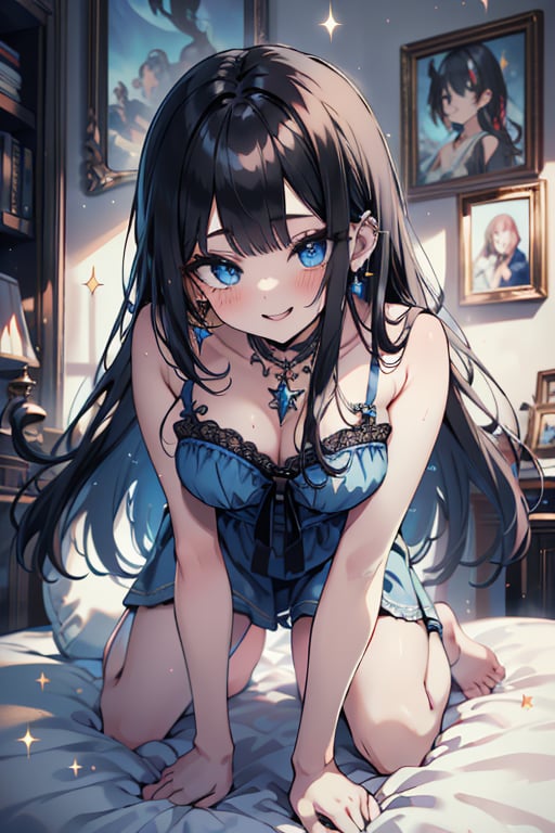 black hair, blue eyes, yellow babydoll, friendly face, killer, happy smile, bangs, masterpiece, star earrings, detailed, high quality, absurd, the strongest human of all, bearer of the world's hope masterpiece, excellent quality , excellent quality, perfect face, long hair, sexy pose, bed
