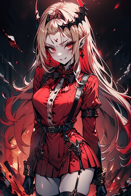 an arrogant woman, blonde, cold-blooded murderer, the final enemy of this world, medium breasts, pointed ears, vampire, eyes red like blood, smiling mischievously, red bowtie scarf, red suit with skirt with black borders, black crosses on his forehead, very pale skin, high_resolution, best quality, extremely detailed, HD, 8K, 1 girl, solo, sexy_figure, hot, 170 cm, tall_girl, LONG HAIR, DIAMOND THROAT, BLACK ASCOT, SEPARATED NECK, CENTER Ruffles, RED DRESS, RED SEPARATED SLEEVES, RED BELT, SKIRT WHITE, RED THIGH BOOTS, RED SUSPENDERS.TIARA,She represents death, the false goddess of putrefaction.

,Baobhan