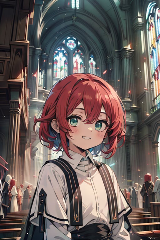 woman of extreme beauty, innocent, nun, loli, small body, green eyes, red hair, short hair, kind, bright smile, perfect face (beautiful finely detailed eyes), masterpiece, very good quality, excellent quality, church.
