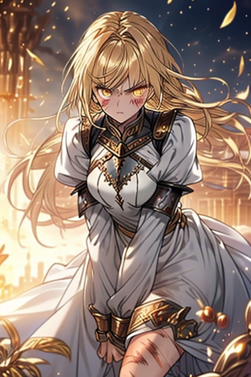 blonde, golden eyes, angry look, long hair, desert knight, hates magic, candys a long elegant white tunic, armor on her hands, legs and arms, gray and white dress, appearance of a warrior, strong woman, scars all over the body, golden eyes, perfect face, very good quality, masterpiece, excellent quality.
