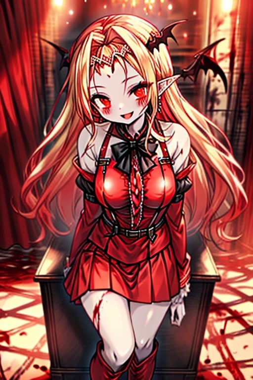 an arrogant woman, blonde, cold-blooded murderer, the final enemy of this world, medium breasts, pointed ears, vampire, eyes red like blood, smiling mischievously, red bowtie scarf, red suit with skirt with black borders, black crosses on his forehead, very pale skin, high_resolution, best quality, extremely detailed, HD, 8K, 1 girl, solo, sexy_figure, hot, 170 cm, tall_girl, LONG HAIR, DIAMOND THROAT, BLACK ASCOT, SEPARATED NECK, CENTER Ruffles, RED DRESS, RED SEPARATED SLEEVES, RED BELT, SKIRT WHITE, RED THIGH BOOTS, RED SUSPENDERS.TIARA,She represents death, the false goddess of putrefaction.

