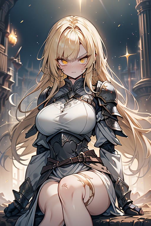 blonde, golden eyes, angry look, long hair, desert knight, hates magic, candys a long elegant white tunic, armor on her hands, legs and arms, gray and white dress, appearance of a warrior, strong woman, scars all over the body, golden eyes, perfect face, very good quality, masterpiece, excellent quality.,yellow eyes,blonde hair