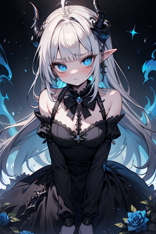 white hair, deep blue eyes, aura of dark power, the most powerful being in the world, queen of darkness, lost look, pointed ears drooping pointing downwards, black dress with blue edges, killer of gods, the one who killed Lucifer, incarnation of the gods dragons, masterpiece, very good quality, excellent quality, perfect face, small breasts, serious face, dazed, calm, kuudere, eyes with blue flames, looking down, as if on top of the world, horns, fake goddess, bare shoulders, gothic, Mullet Bangs, staring, sad expression, blue roses in her hair and her dress,emanates the power of chaos within her,black sclera,black bow tie, domino dresses from the Victorian era.