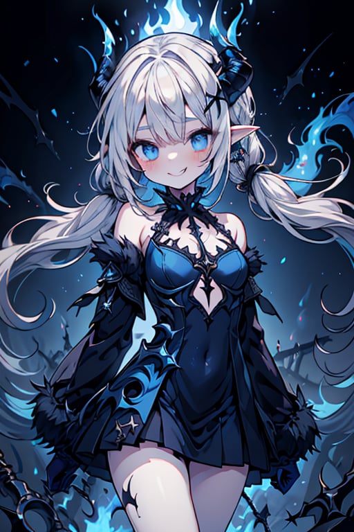 white hair, deep blue eyes, aura of dark power, the primordial of the underworld, goddess of flames, sadistic, pointed ears, blue dress with white edges, right hand of lucifer, primordial goddess, masterpiece, very good quality, excellent quality , perfect face, small breasts, evil smile, egocentric, eyes with blue flames, horns, long sleeve, miniskirt, gothic, two pigtails, emanates the power of destruction, loli, small body, clothes burning with blue fire

