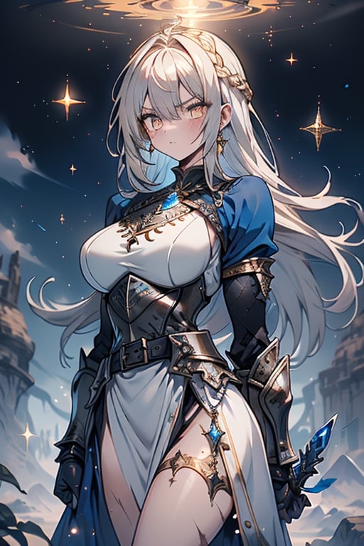 blonde, golden eyes, angry look, long hair, desert knight, hates magic, silver sword that reflects a blue color that traps magic, genie, white dress that reaches to her thighs, armor on her hands, legs and arms , gray and white Dress, Warrior appearance, warrior, strong woman, scars all over the body, shiny magical metal armor, Black metal breastplate, belt with a blue crystal in its center, golden eyes.
