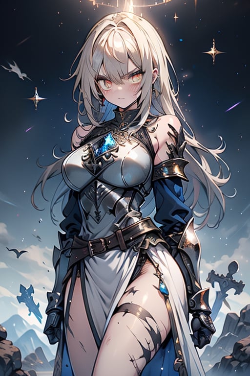 blonde, golden eyes, angry look, long hair, desert knight, hates magic, silver sword that reflects a blue color that traps magic, genie, white dress that reaches to her thighs, armor on her hands, legs and arms , gray and white Dress, Warrior appearance, warrior, strong woman, scars all over the body, shiny magical metal armor, Black metal breastplate, belt with a blue crystal in its center, golden eyes.
