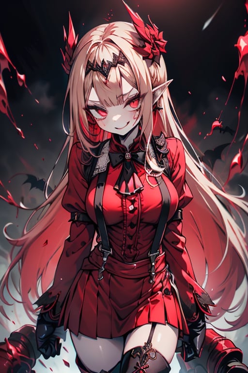 an arrogant woman, blonde, cold-blooded murderer, the final enemy of this world, medium breasts, pointed ears, vampire, eyes red like blood, smiling mischievously, red bowtie scarf, red suit with skirt with black borders, black crosses on his forehead, very pale skin, high_resolution, best quality, extremely detailed, HD, 8K, 1 girl, solo, sexy_figure, hot, 170 cm, tall_girl, LONG HAIR, DIAMOND THROAT, BLACK ASCOT, SEPARATED NECK, CENTER Ruffles, RED DRESS, RED SEPARATED SLEEVES, RED BELT, SKIRT WHITE, RED THIGH BOOTS, RED SUSPENDERS.TIARA,She represents death, the false goddess of putrefaction.

