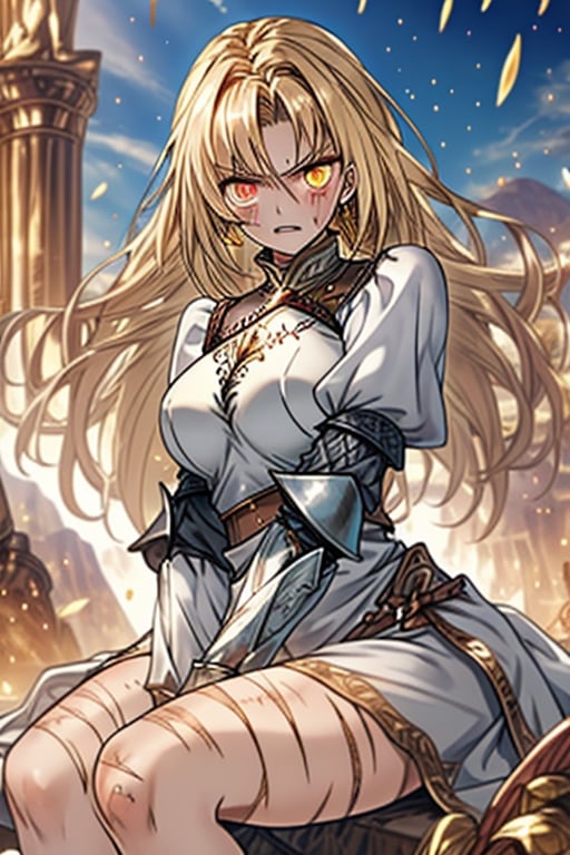 blonde, golden eyes, angry look, long hair, desert knight, hates magic, candys a long elegant white tunic, armor on her hands, legs and arms, gray and white dress, appearance of a warrior, strong woman, scars all over the body, golden eyes, perfect face, very good quality, masterpiece, excellent quality.
