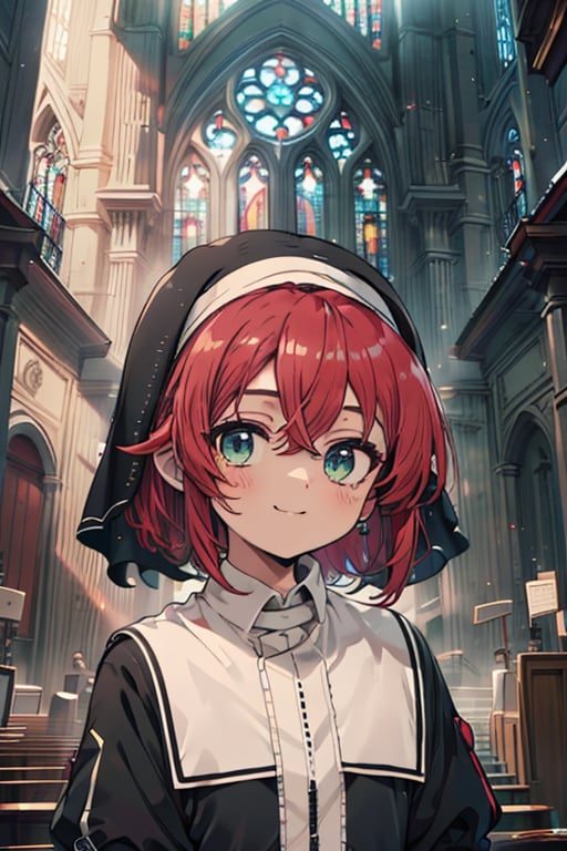 woman of extreme beauty, innocent, nun, loli, small body, green eyes, red hair, short hair, kind, bright smile, perfect face (beautiful finely detailed eyes), masterpiece, very good quality, excellent quality, church.
