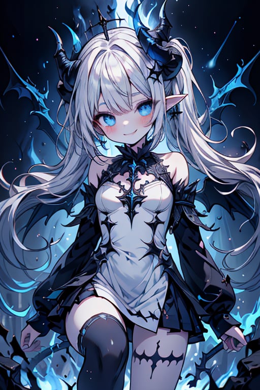 white hair, deep blue eyes, aura of dark power, the primordial of the underworld, goddess of flames, sadistic, pointed ears, white dress with blue edges, right hand of lucifer, primal goddess, masterpiece, very good quality, excellent quality , perfect face, small breasts, evil smile, egocentric, eyes with blue flames, horns, long sleeve, miniskirt, gothic, two pigtails, emanates the power of destruction, loli, small woman

