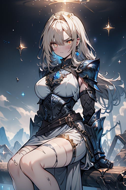 blonde, golden eyes, angry look, long hair, desert knight, hates magic, silver sword that reflects a blue color that traps magic, genie, white dress that reaches to her thighs, armor on her hands, legs and arms , gray and white Dress, Warrior appearance, warrior, strong woman, scars all over the body, shiny magical metal armor, Black metal breastplate, belt with a blue crystal in its center, golden eyes.
