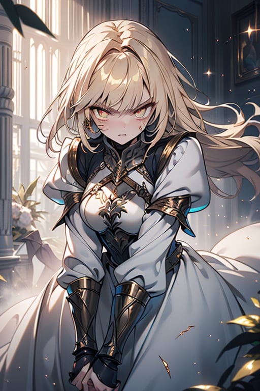 blonde, golden eyes, angry look, long hair, desert knight, hates magic, candys a long elegant white tunic, armor on her hands, legs and arms, gray and white dress, appearance of a warrior, strong woman, scars all over the body, golden eyes, perfect face, very good quality, masterpiece, excellent quality.
