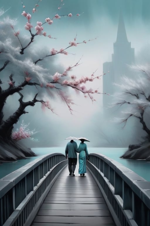 two people walk the bridge under a large cherry blossom,  in the style of atmospheric paintings,  gray and aquamarine by u...