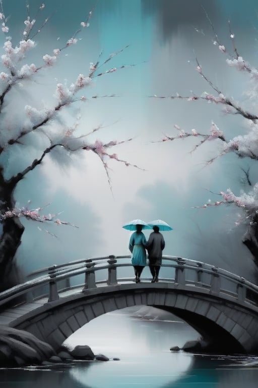 two people walk the bridge under a large cherry blossom,  in the style of atmospheric paintings,  gray and aquamarine by u...