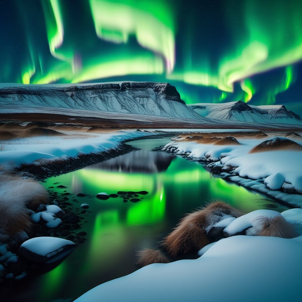 A breathtaking view of the Northern Lights shimmering over a snowy Icelandic landscape,DonMR31nd33rXL