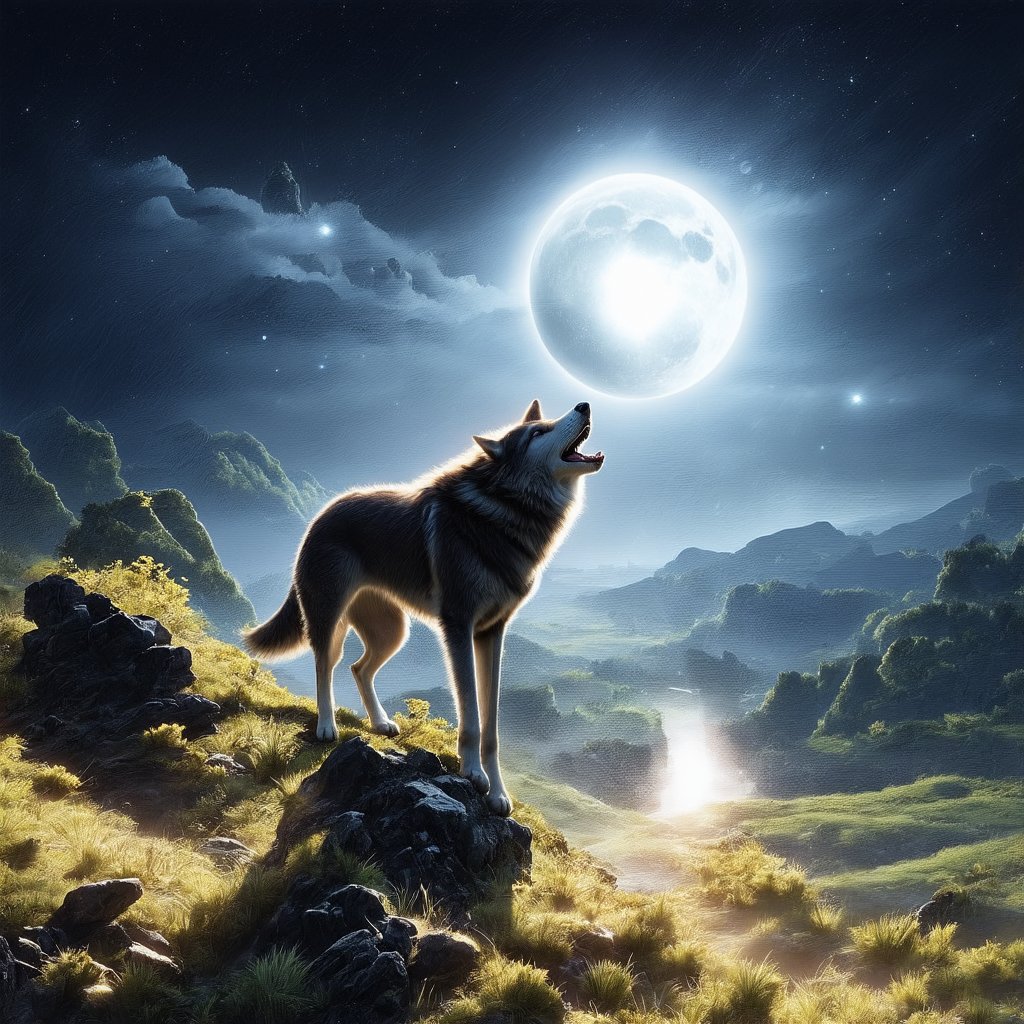 A majestic wolf standing on the edge of a mountain cliff, howling towards a large, glowing full moon high in the night sky. The wolf's silhouette is highlighted by the moonlight, while the sky is filled with sparkling stars, adding a magical touch. The scene takes place in a remote, rugged landscape, with sharp rocky peaks and a deep valley below. The atmosphere feels wild, powerful, and serene, evoking the freedom and primal spirit of nature, 16 k, beautiful, detail