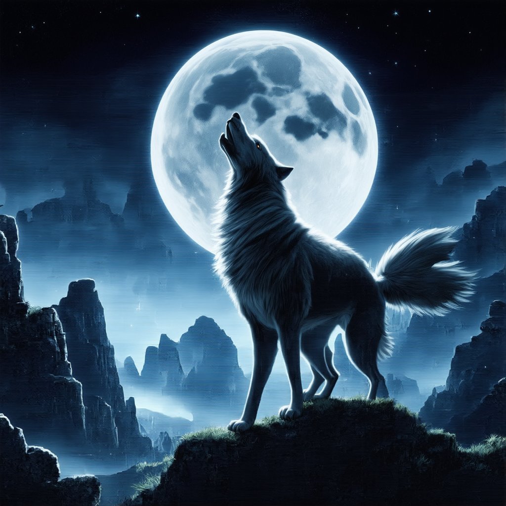 A majestic wolf standing on the edge of a mountain cliff, howling towards a large, glowing full moon high in the night sky. The wolf's silhouette is highlighted by the moonlight, while the sky is filled with sparkling stars, adding a magical touch. The scene takes place in a remote, rugged landscape, with sharp rocky peaks and a deep valley below. The atmosphere feels wild, powerful, and serene, evoking the freedom and primal spirit of nature, 16 k, beautiful, detail