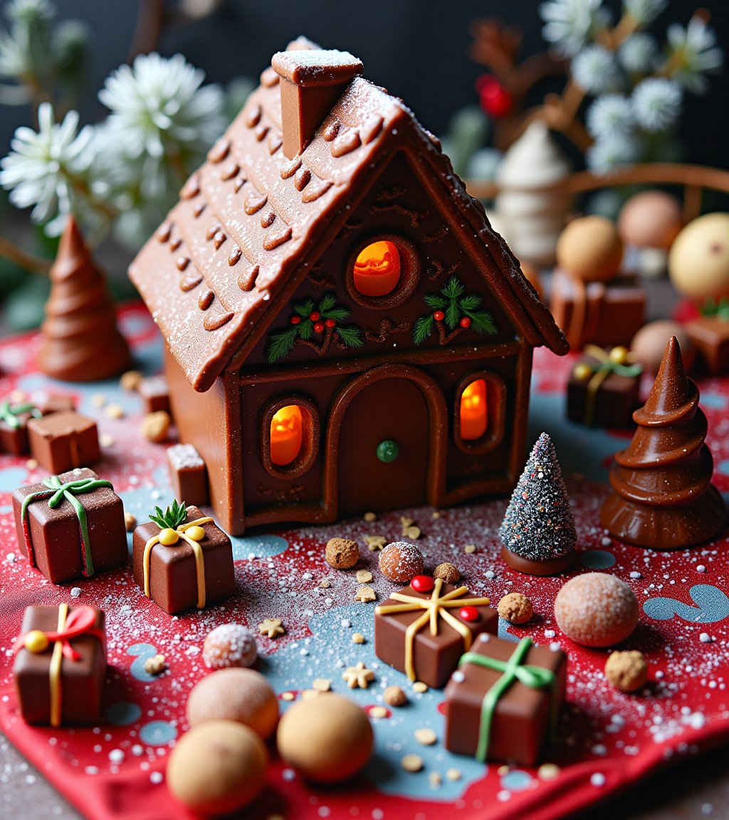 A chocolate house with icing details,  surrounded by chocolate figures in the shape of small gifts,  trees and Christmas d...