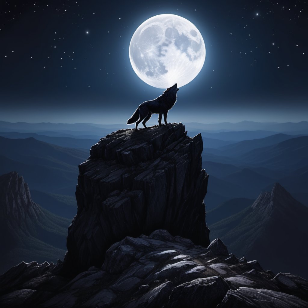 A majestic wolf standing on the edge of a mountain cliff, howling towards a large, glowing full moon high in the night sky. The wolf's silhouette is highlighted by the moonlight, while the sky is filled with sparkling stars, adding a magical touch. The scene takes place in a remote, rugged landscape, with sharp rocky peaks and a deep valley below. The atmosphere feels wild, powerful, and serene, evoking the freedom and primal spirit of nature, 16 k, beautiful, more detail XL