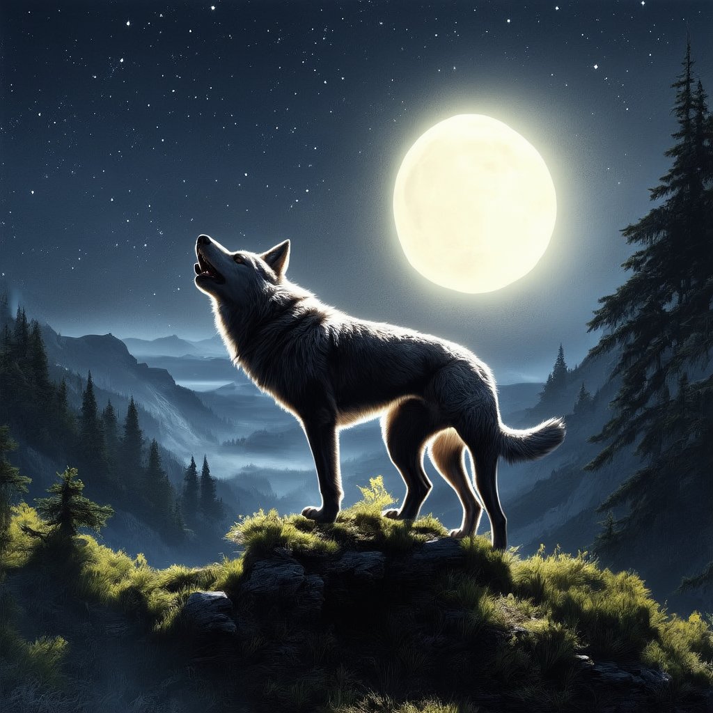 A majestic wolf standing on the edge of a mountain cliff, howling towards a large, glowing full moon high in the night sky. The wolf's silhouette is highlighted by the moonlight, while the sky is filled with sparkling stars, adding a magical touch. The scene takes place in a remote, rugged landscape, with sharp rocky peaks and a deep valley below. The atmosphere feels wild, powerful, and serene, evoking the freedom and primal spirit of nature, 16 k, beautiful, detail