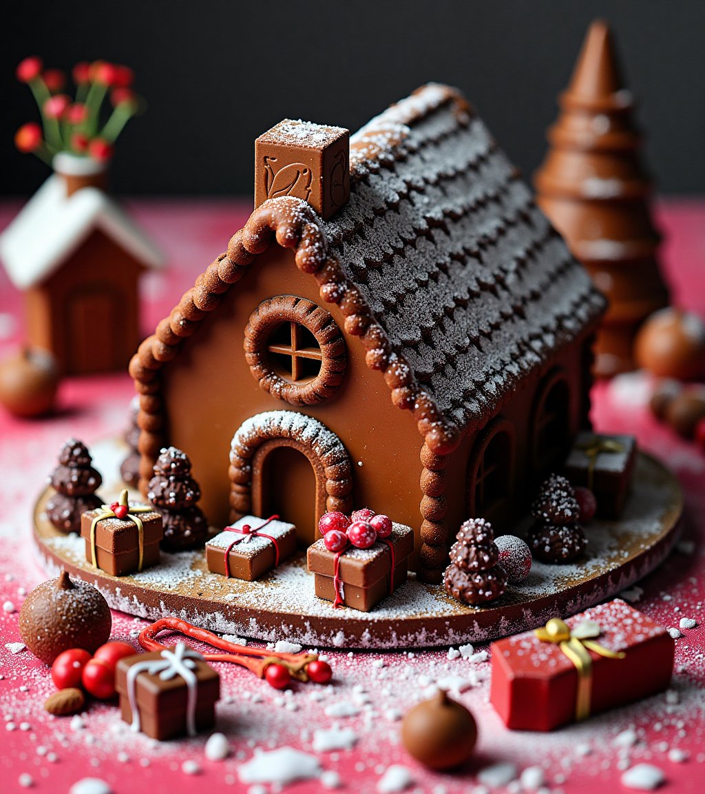A chocolate house with icing details,  surrounded by chocolate figures in the shape of small gifts,  trees and Christmas d...