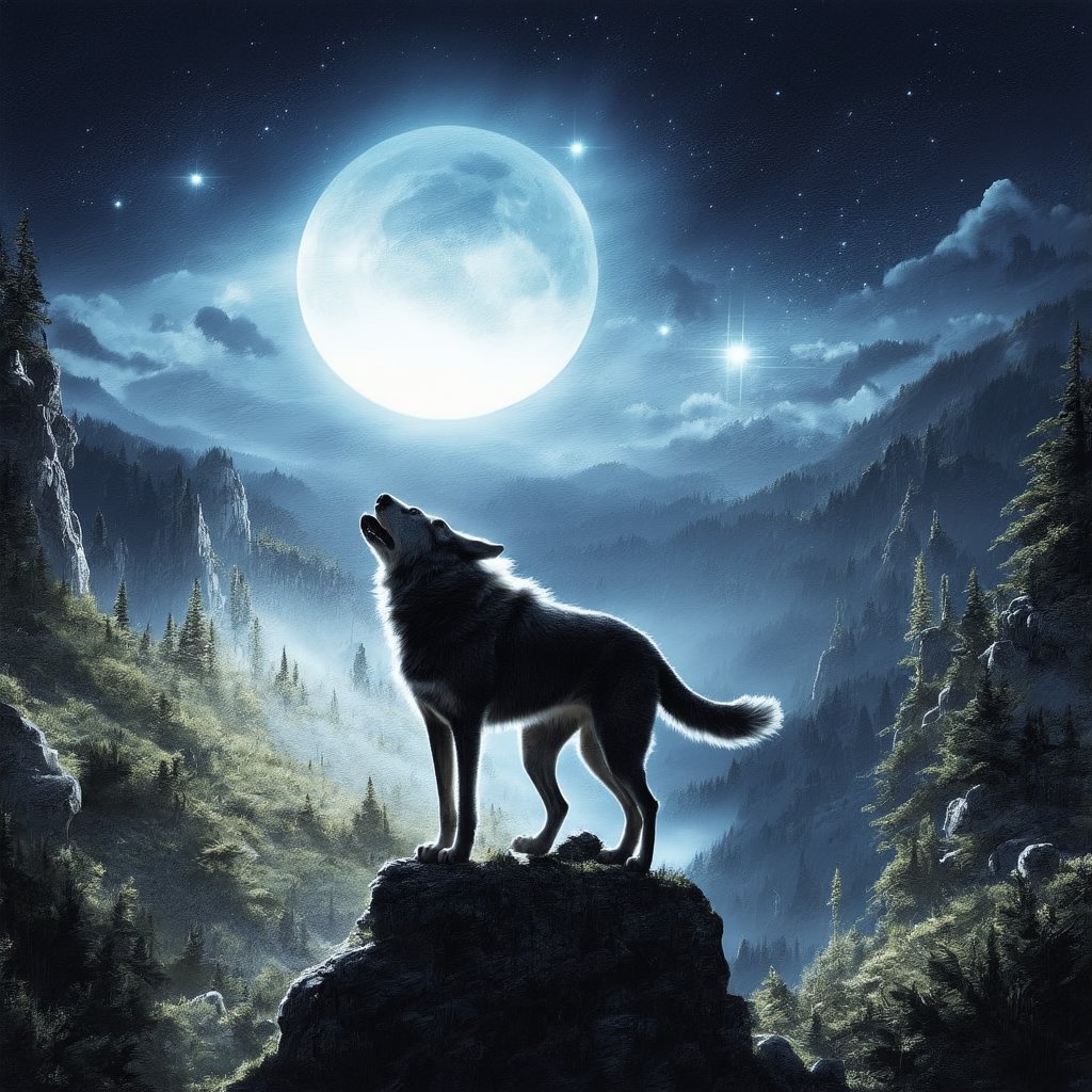 A majestic wolf standing on the edge of a mountain cliff, howling towards a large, glowing full moon high in the night sky. The wolf's silhouette is highlighted by the moonlight, while the sky is filled with sparkling stars, adding a magical touch. The scene takes place in a remote, rugged landscape, with sharp rocky peaks and a deep valley below. The atmosphere feels wild, powerful, and serene, evoking the freedom and primal spirit of nature, 16 k, beautiful, detail