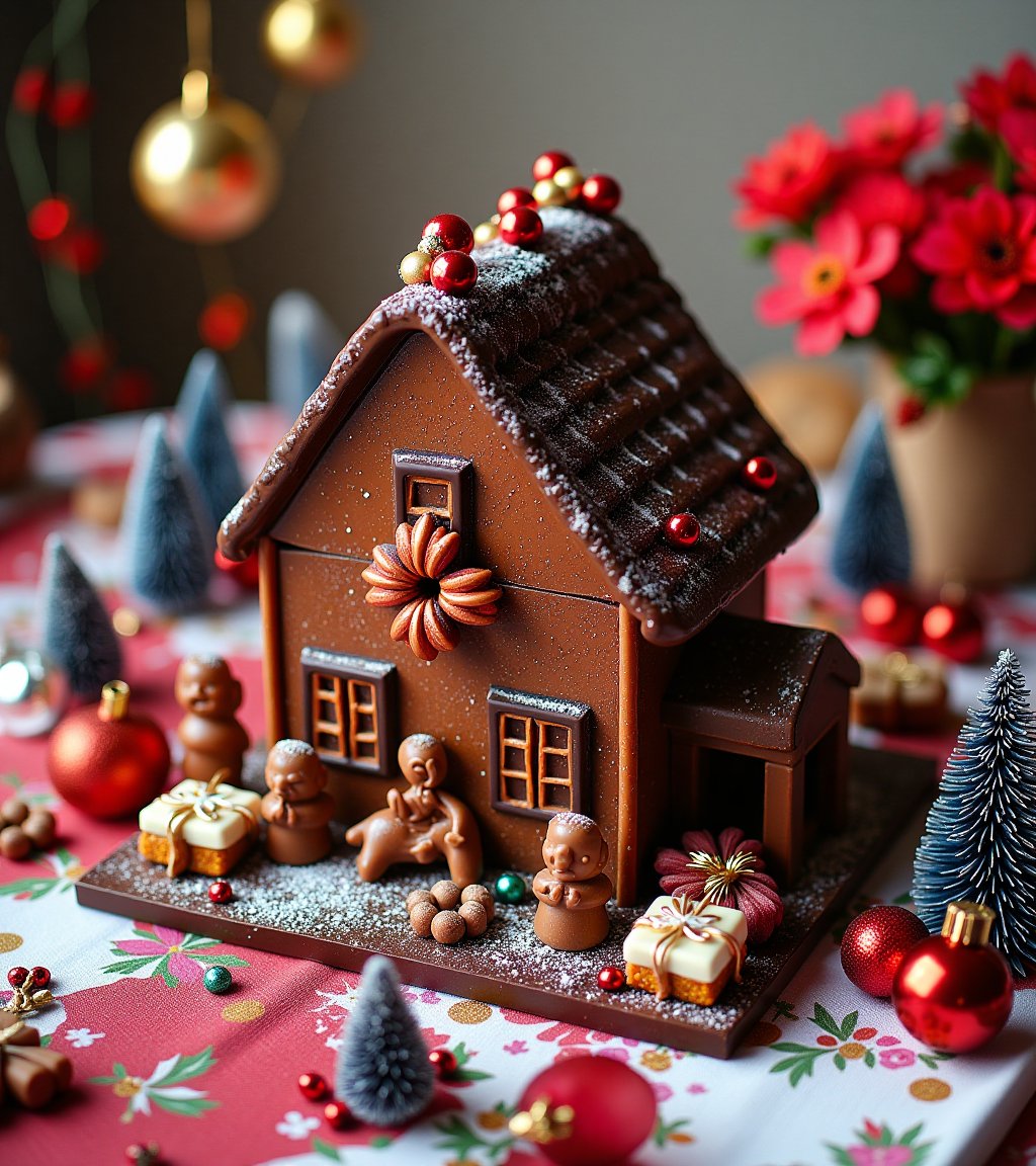 A chocolate house with icing details,  surrounded by chocolate figures in the shape of small gifts,  trees and Christmas d...