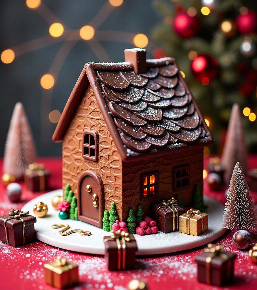 A chocolate house with icing details,  surrounded by chocolate figures in the shape of small gifts,  trees and Christmas d...