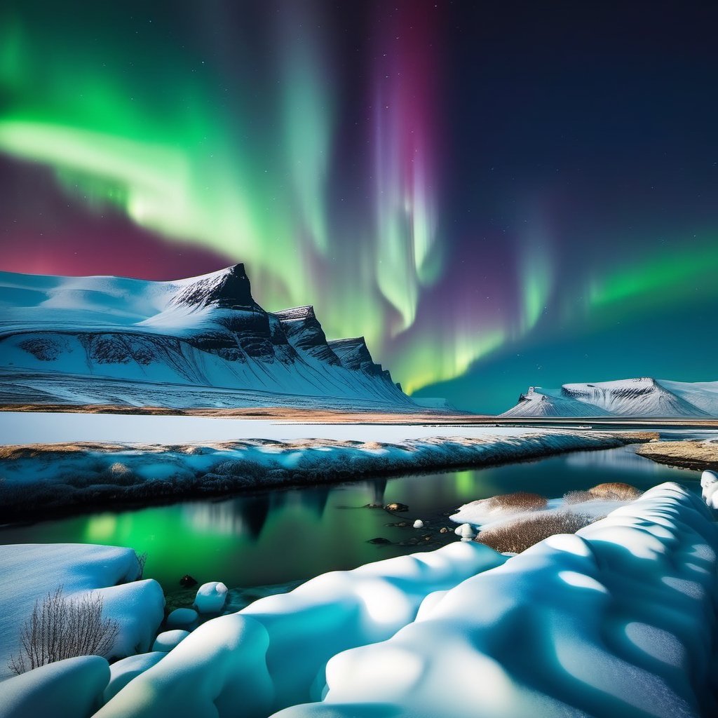 A breathtaking view of the Northern Lights shimmering over a snowy Icelandic landscape,DonMR31nd33rXL