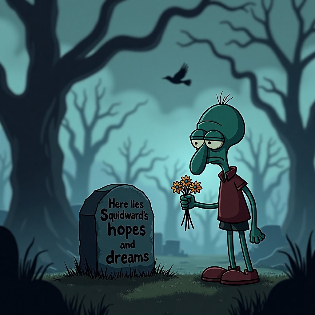 Squidward from SpongeBob SquarePants stands in front of a gravestone,  holding a small bouquet of wilted flowers in one ha...
