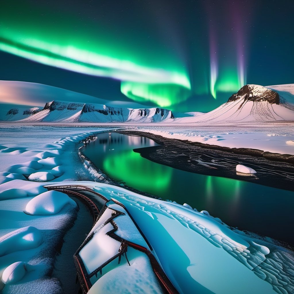 A breathtaking view of the Northern Lights shimmering over a snowy Icelandic landscape,DonMR31nd33rXL