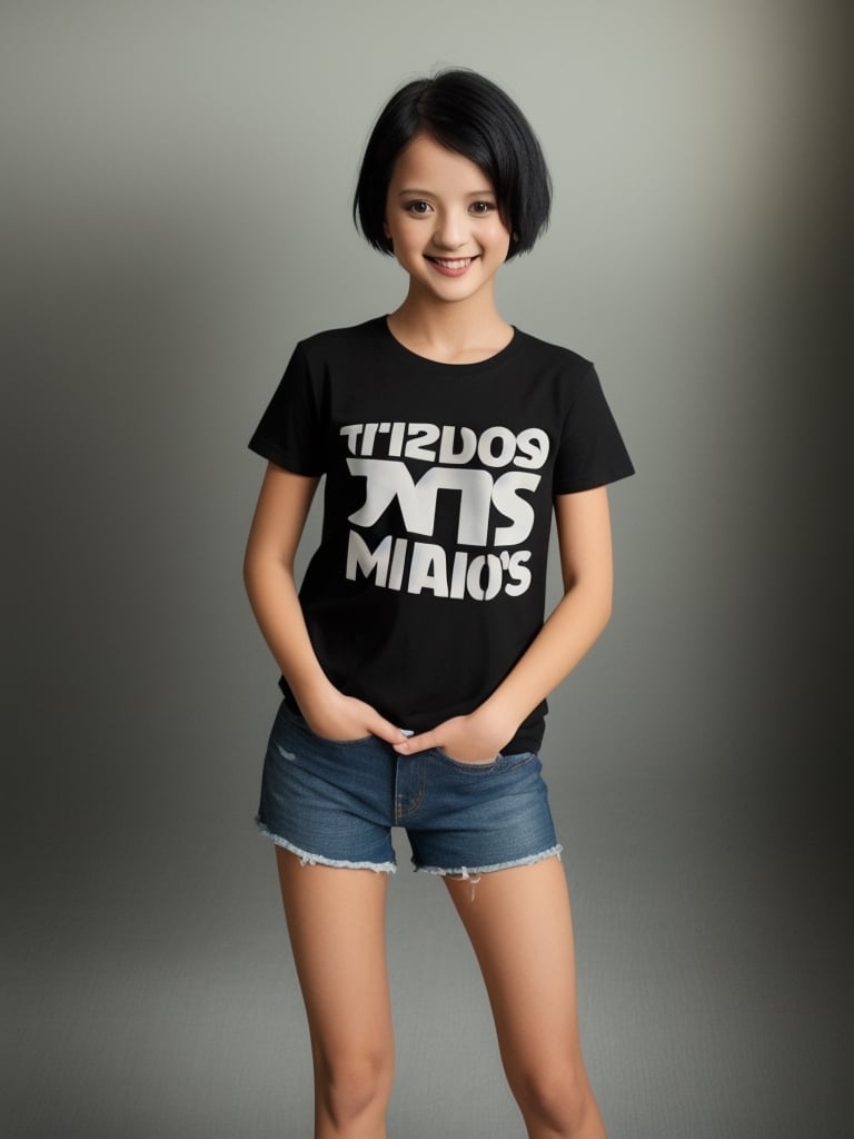 T-shirt,smile,short black hair,Studio,AIDA_LoRA_valenss