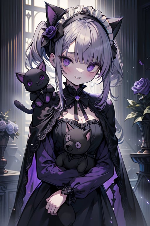 a puppet, a woman with a small body, teenager, gray hair, smiling, black rose patch on her left eye, very elegant black dress from the Victorian era, purple eyes, perfect face, happy, yandere, psychopath, corrodia, hive mind semi-central, small breasts, masterpiece, very good quality, excellent quality, loli, small body,loli,young man, 
cat in her arms, gothic,sculptor of souls,two long pigtails in her hair,maid headband,purple cape
