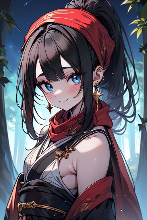 black hair, blue eyes, Kimono
 outfit with black edges, a red scarf with gold stripes, the edges have small golden touches, friendly face, a black spandex that covers her entire body, headscarf, killer, happy smile , bangs, in the forest at night, masterpiece, star earrings, detailed, high quality, absurd, the strongest human of all, bringer of the world's hope, hair in ponytail.