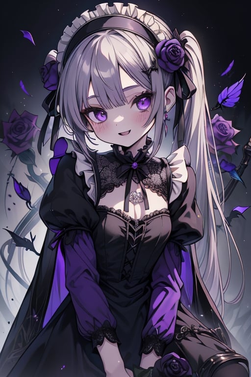 a puppet, a woman with a small body, teenager, gray hair, smiling, black rose patch on her left eye, very elegant black dress from the Victorian era, purple eyes, perfect face, happy, yandere, psychopath, corrodia, hive mind semi-central, small breasts, masterpiece, very good quality, excellent quality, loli, small body,loli,young man, 
 gothic,sculptor of souls,two long pigtails in her hair,maid headband,purple cape
